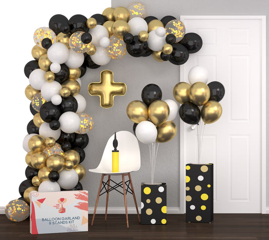 16ft Black and Gold Balloon Arch Kit with Extra Balloon Stands and Pump | Video eBook Instructions | Ideal Event Decoration